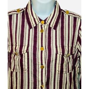 Tory Burch Striped Button Down Top Gold Button Pockets Women Size 8 Cotton L/S